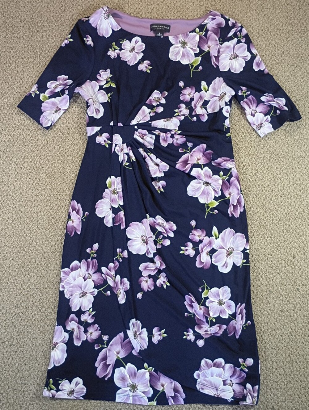 Connected Apparel Navy Midi Dress with Lavender Floral Print 8